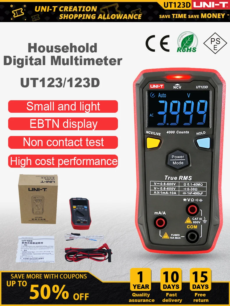 

UNI-T UT123 Digital Multimeter Pocket Size Residential multimeter AC DC voltage Resistor temperature NCV Tester EBTN display