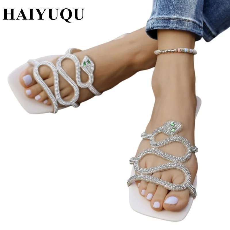 Женские тапочки на плоской подошве со змеиными кристаллами роскошные брендовые