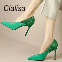 cialisa pointed toe pumps 2022 new autumn kid suede patchwork shoes party prom handmade sexy 10cm high heels lady footwear green