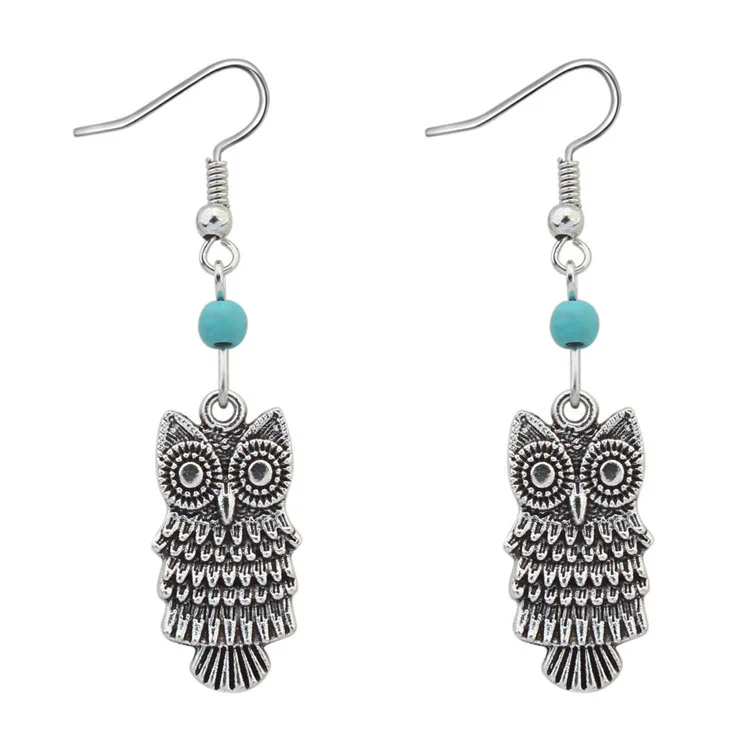 

New fashion cute owl earrings retro exaggerated ins alloy imitation turquoise ear ornaments women's trinkets