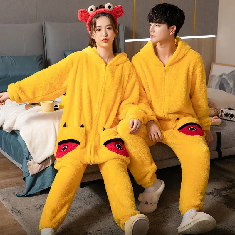 Adults Winter Fleece One-Piece Pajamas Sets Animal Kigurumi Pikachu Cartoon Onesies for Women Men Pyjama Anime Cosplay Costume