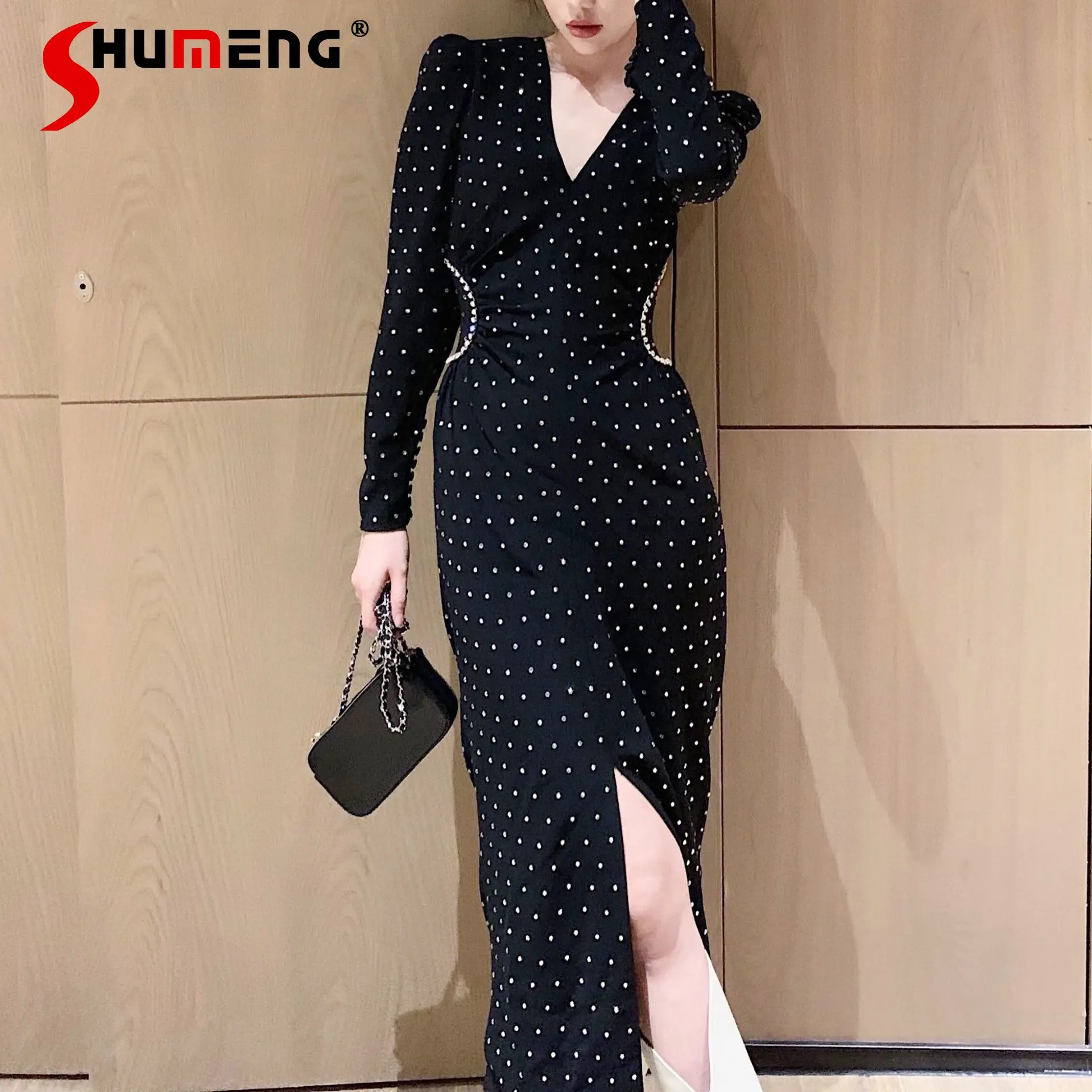 

Hepburn Diamond Sexy V-neck Long Slit Bodycon Dress Women Temperament Slim Waist Hollow Black Formal Dress Party Autumn Winter