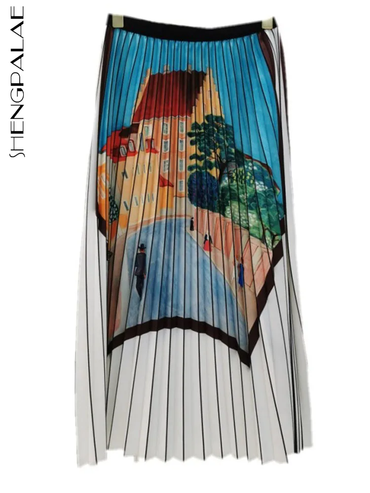 

SHENGPALAE Heavy Industry Vintage Pattern Pleated Skirt 2022 Summer New Elastic Waist Pleated Drape Female A-line Skirts 5Q112