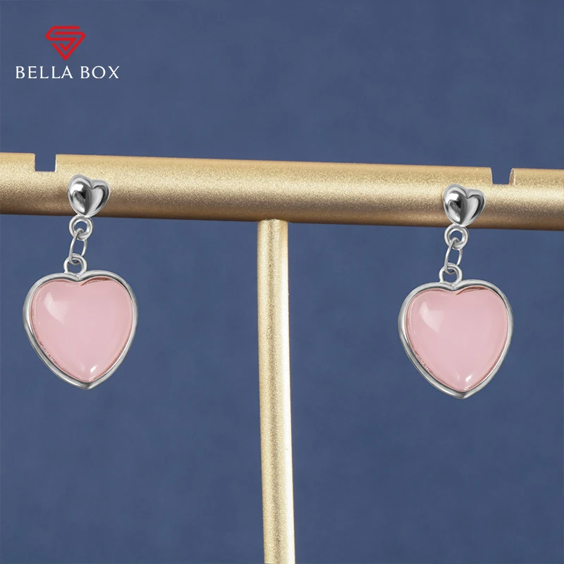 

Bella Box Natural Rose Quartz Drop Earrings 925 Sterling Silver Heart Shaped Wedding Engagement Party Fine Earrings Jewelry
