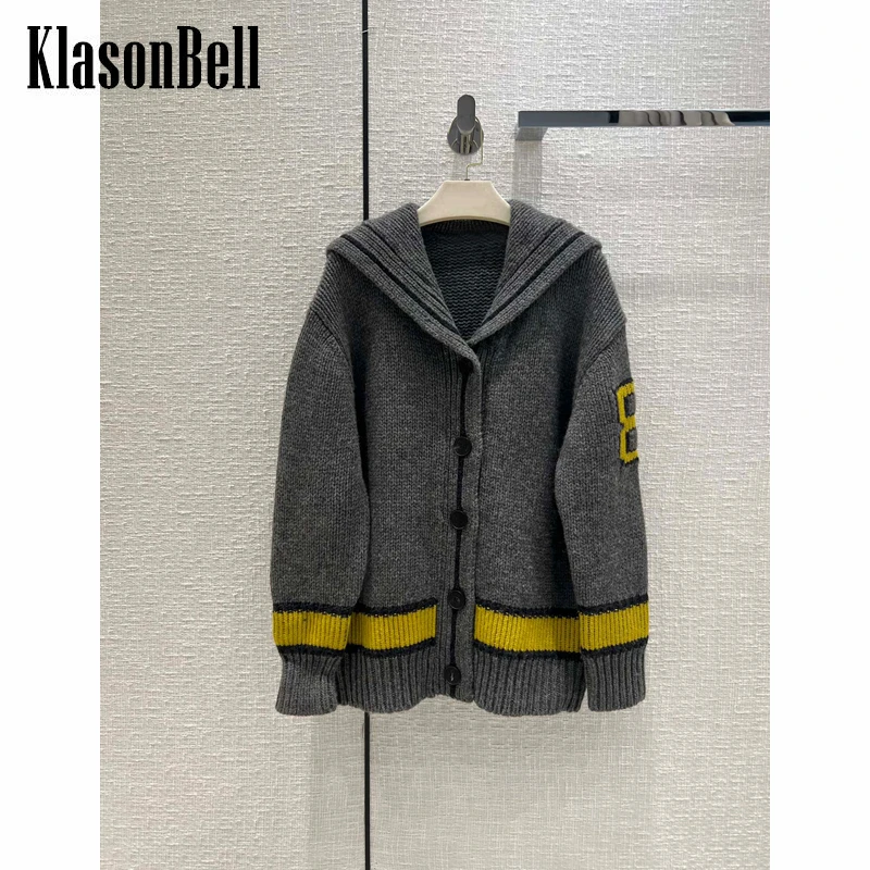 

Женский трикотажный кардиган KlasonBell, шерстяной кашемировый кардиган контрастных цветов с матросским воротником и надписью, 7,28