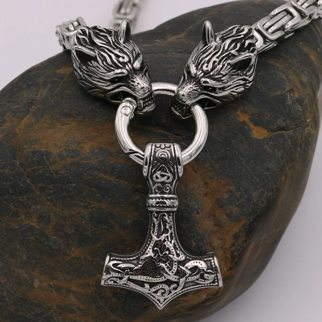 

Stainless Steel Square Chain Wolf Necklace Vintage Norse Viking Odin Celtic Thor's Hammer Pendant Men Party Biker Amulet Jewelry