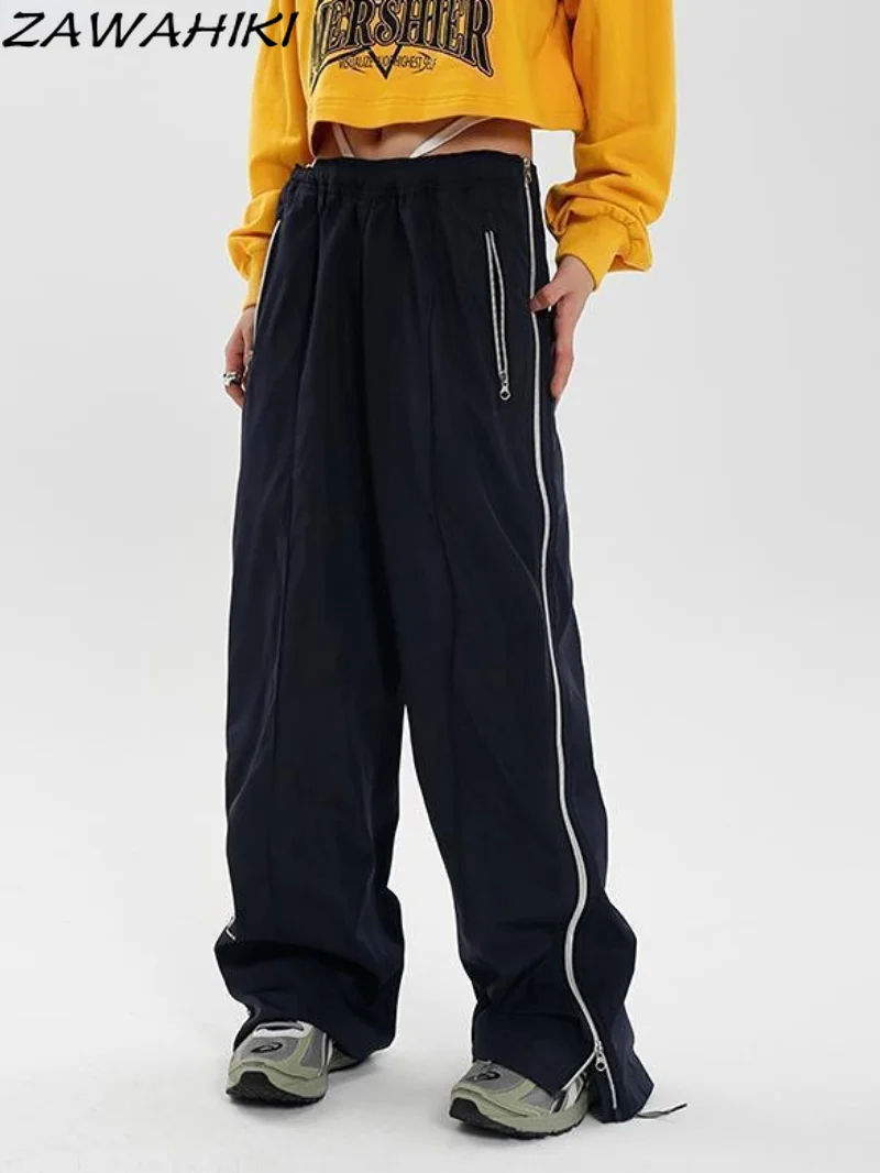 

Streetwear Casual Sweatpants Side Stripe Elastic Solid Straight Cargo Pants Y2k Aesthetic Jogger Loose Trousers Women Pants