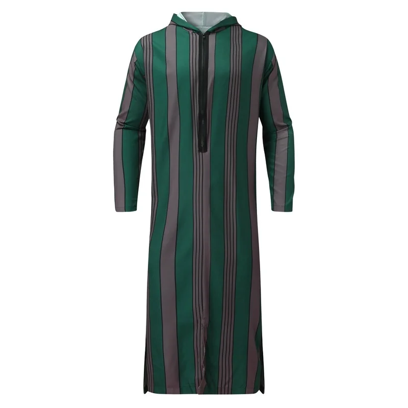 Muslim Men Jubba Thobe Long Sleeve Striped Hooded Breathable Robes 2021 Men Thobe Robe Loose Dubai Saudi Arab Kaftan Men Clothes