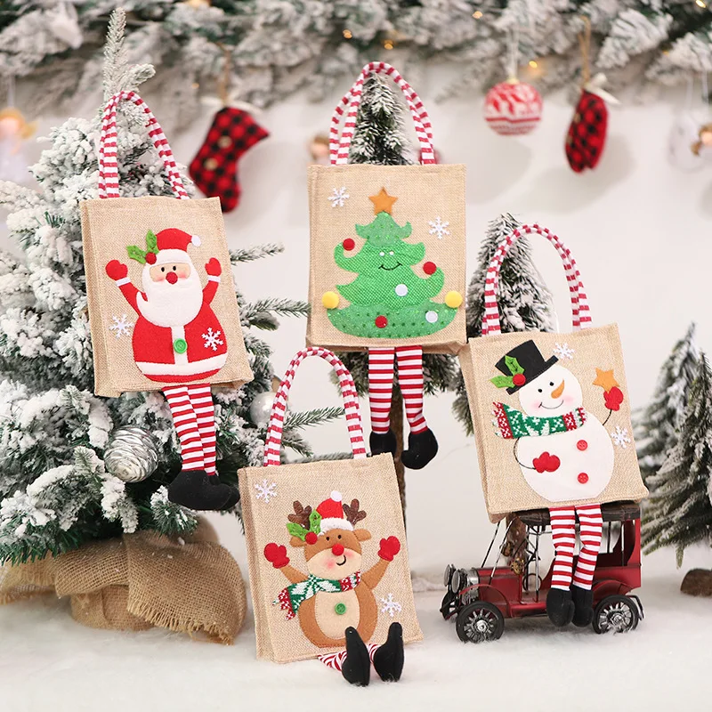 

Christmas Tote Bag Santa Elk 2022 Christmas Gift Candy Bag Linen Machine Embroidered Tote Bag With Foot Snowman Xmas Tree Decor