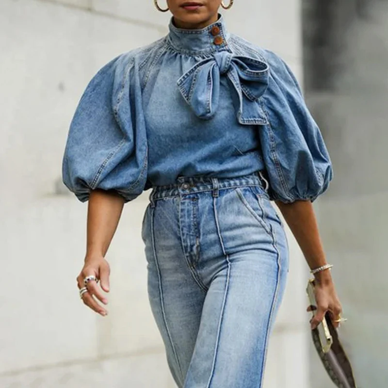 

Women's Elegant Bowknot Tie Up Denim Shirt Office Lady Solid Loose Blouses 2023 New Fashion Turtleneck Button Lantern Sleeve Top