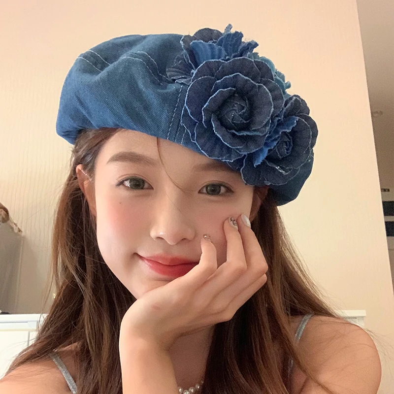 

French Elegant Denim Camellia Berets for Women Spring and Summer New Travel Leisure Niche Ins Literary and Artistic Painter Hat