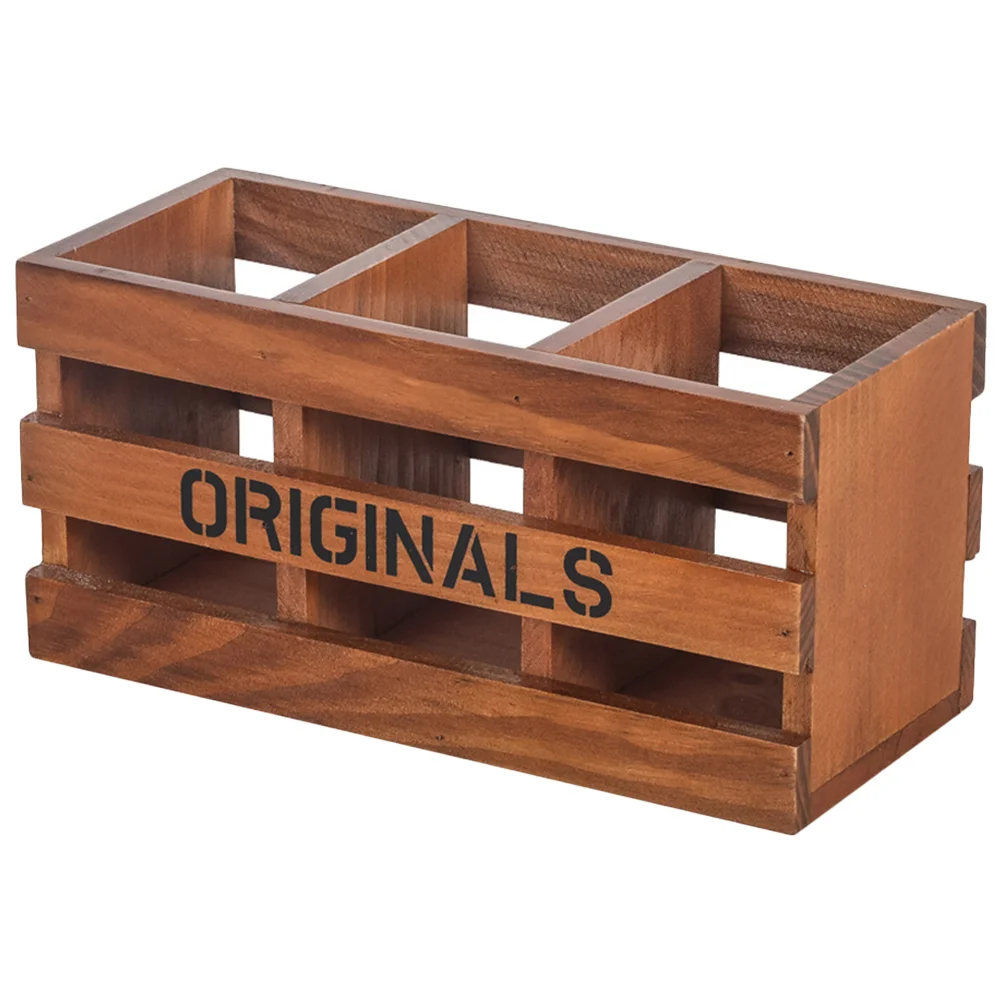 

Compartments Wooden Box Tabletop Pen Holder Retro Storage Box Makeup Brush Holder