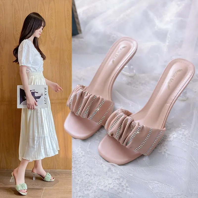 

Rhinestone fairy sandals 2021 summer new style outer wear transparent crystal thick heel high heel open toe flip flops