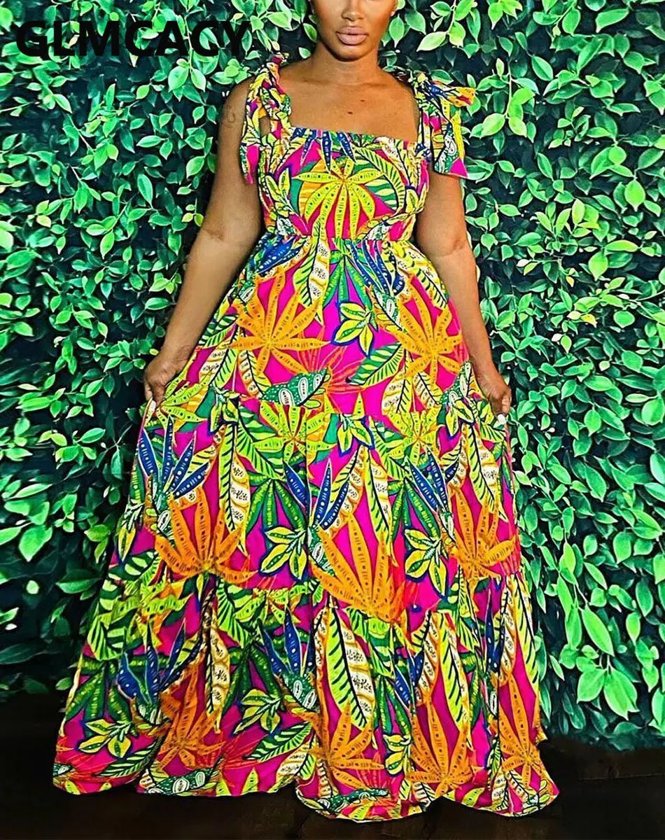 

Женское платье макси с тропическим принтом на завязках