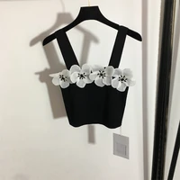 women halter tops wide shoulder strape pure black or white decorated with diamond flowers casual hot sexy style 2022 summer