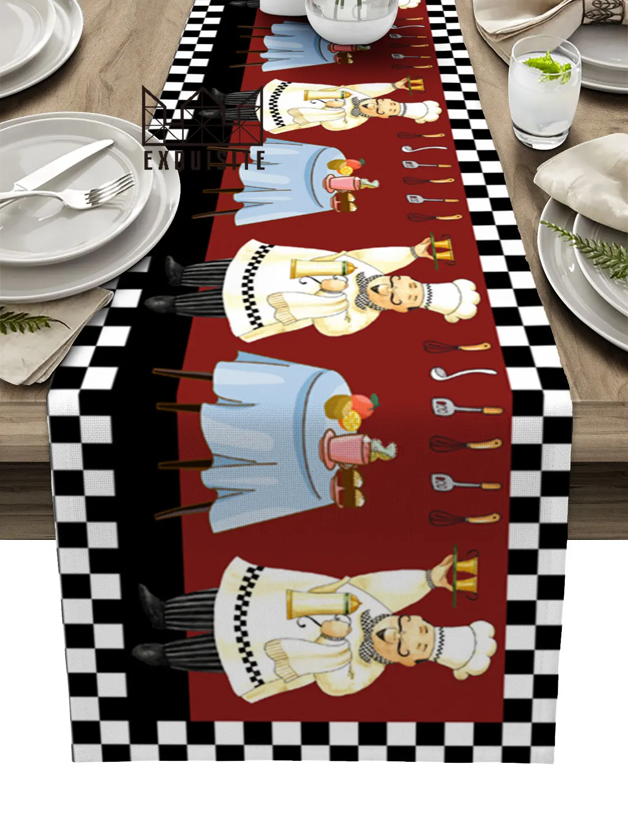 

Красная, черно-белая клетчатая кухонная утварь, нож для гурманов, Настольная дорожка, скатерть для обеденного стола, искусственная ткань, ку...