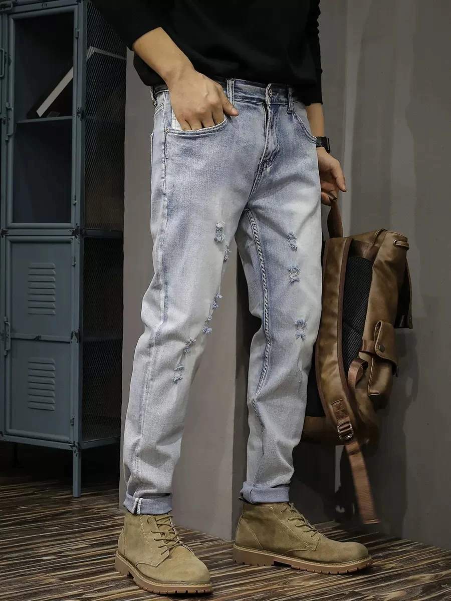 Fashion Designer Men Jeans Retro Light Blue Stretch Slim Fit Hole Ripped Jeans Men Vintage Trousers Casual Denim Pants Hombre