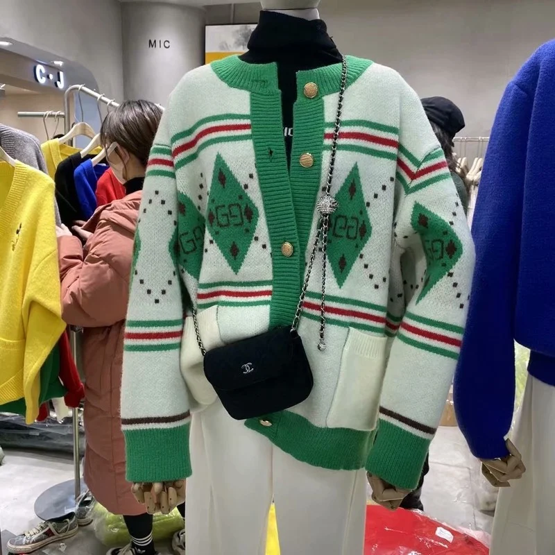 

Green Argyle Striped Women Thick Knitted Sweater Spring Autumn O-Neck Single Breasted Cardigan Casual Loose Fashion Knit Jumpers