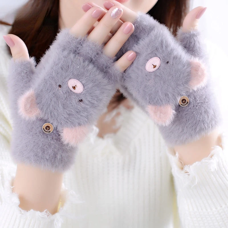 

1Pair Women Girls Lovely Winter Warm Fingerless Gloves Fluffy Bear Plush Paw Claw Half Finger Gloves Mittens Winter Warm Gloves