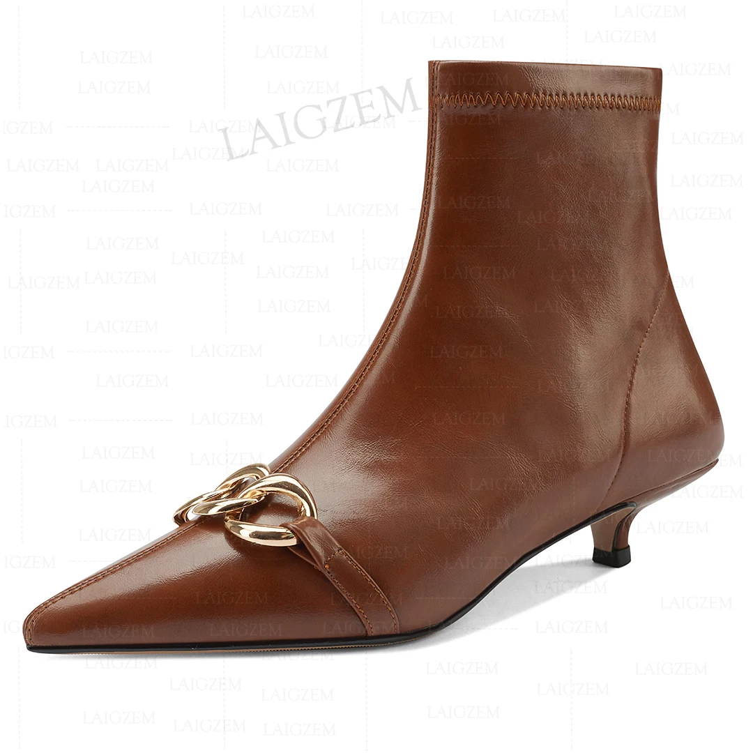 

LAIGZEM Women Ankle Boots Metal Chains Pointed Toe 3.5CM Kitten Heels Side Zip Short Booties Ladies Shoes Woman Size 33 38 40