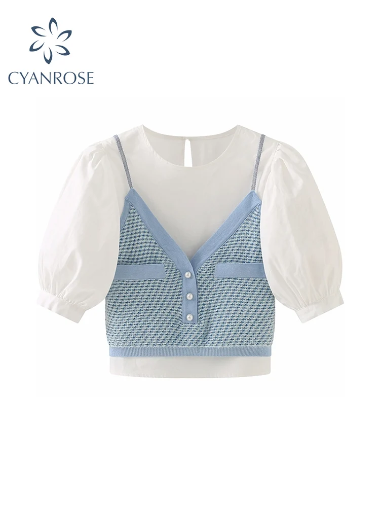 

Women's Shirts 2022 Summer Fashion Sweet Ladies Stylish Plaid Knitted Patchwork Short Sleeve Blouse Vintage Cute Slim Tops Chic