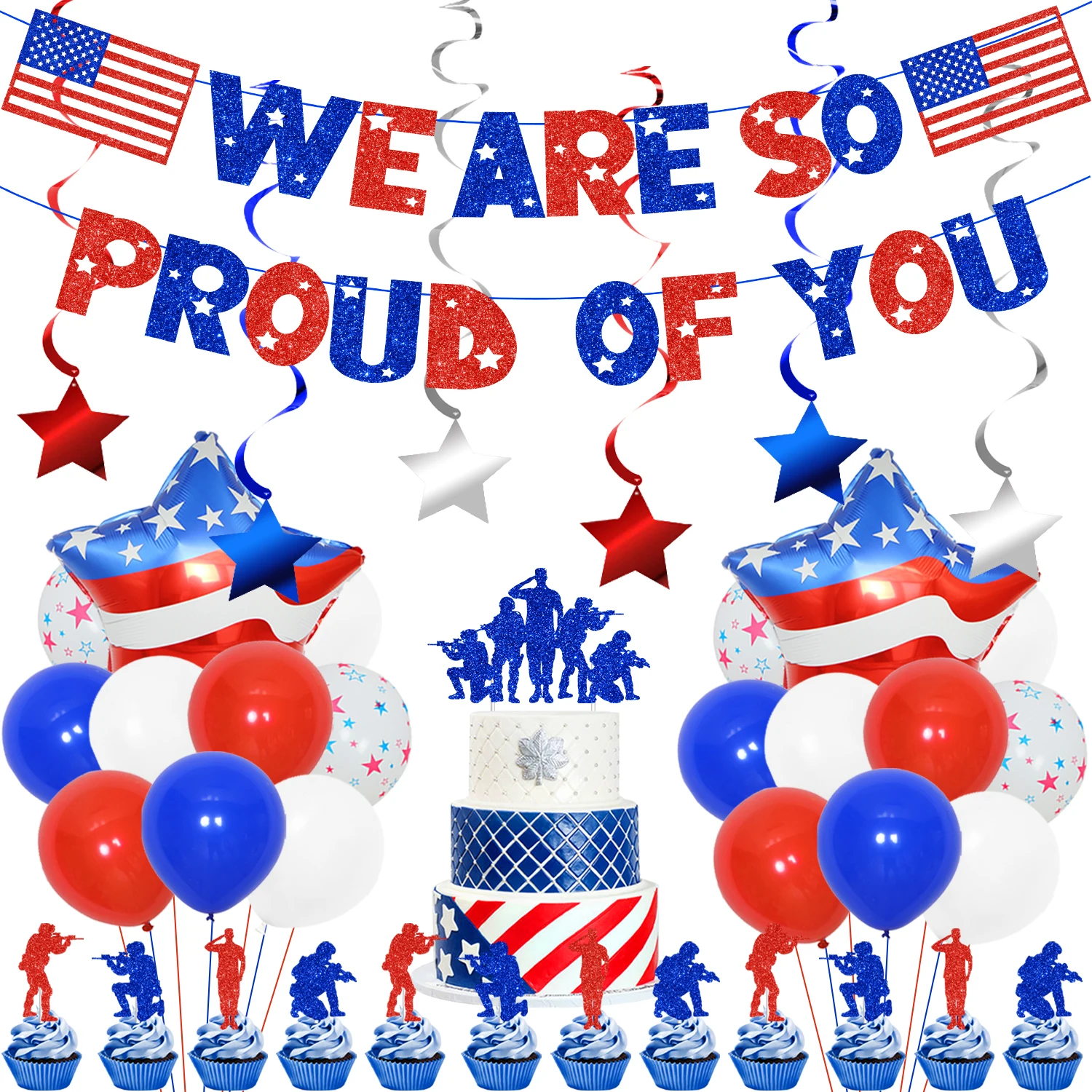 

USA Patriotic Military Party Decorations We Are So Proud of You Banner Soldier Cake Topper 4th of July Graduation Party Supplies