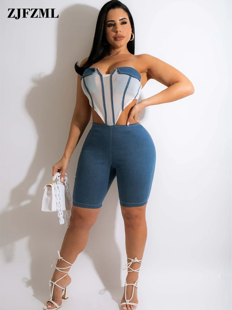 

Elegant Fashion Women Strapless Denim Playsuits Sexy Off The Shoulder Backless Skinny Bodysuit Summer Waist Band Cut Out Outfits