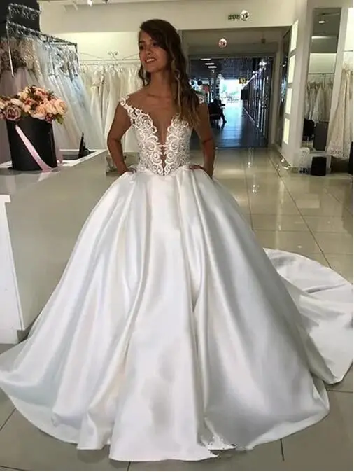 

vestido de noiva Princess Wedding Dress Lace Appliqued A-Line Bride Dresses With Pockets Boho Dubai Wedding Gowns