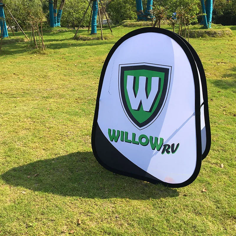 

High Quality Outdoor Advertising Custom Exhibition Sign Golf Oval Fabric Printing Folding Pop Up Banner Pop Up A Frame