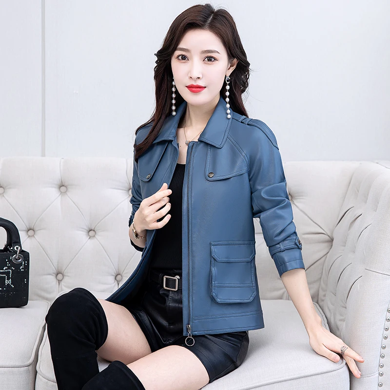 KoHuiJoo Faux Leather Jackets Women Plus Size Korean Elegant  Fashion Long Sleeve Slim Short Leather Jacket Formal PU Coat M-6XL