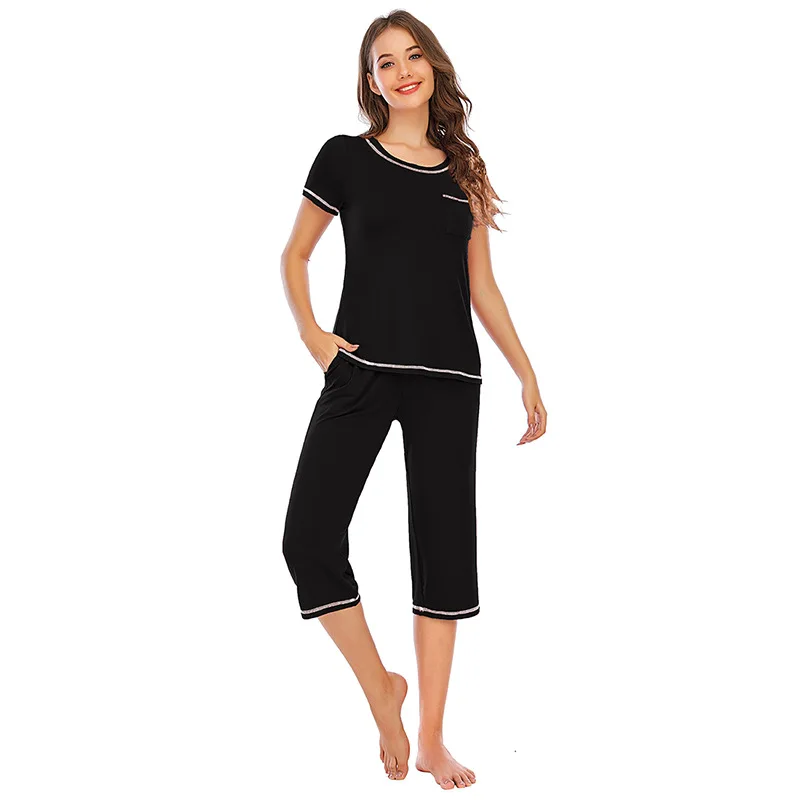 Spring and Autumn Women's Pajamas Suit Modal Short-sleeved Cropped Trousers Casual Home Service Pajama Set Women Sleepwear