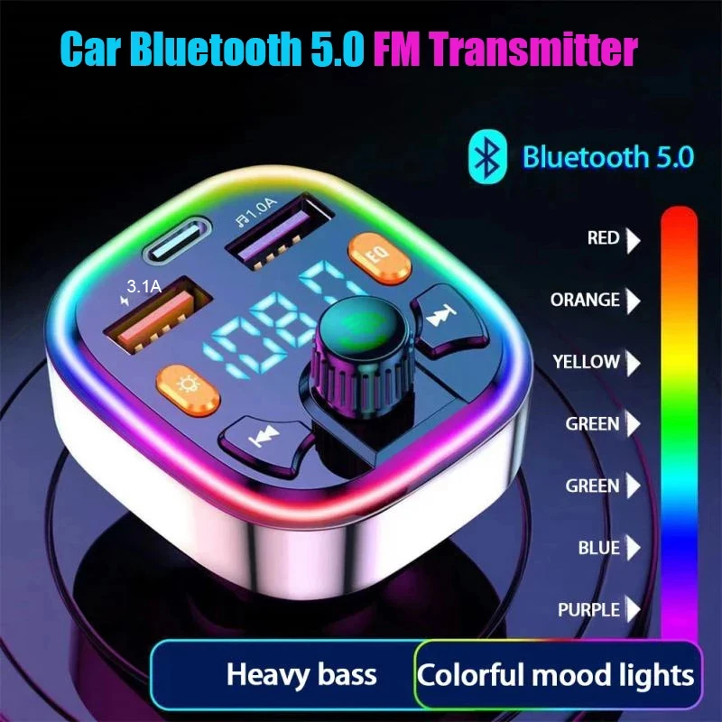 

Car Bluetooth 5.0 FM Transmitter Wireless Handsfree Audio Receiver Dual USB Fast Charger Atmosphere Light MP3 Player LED Display