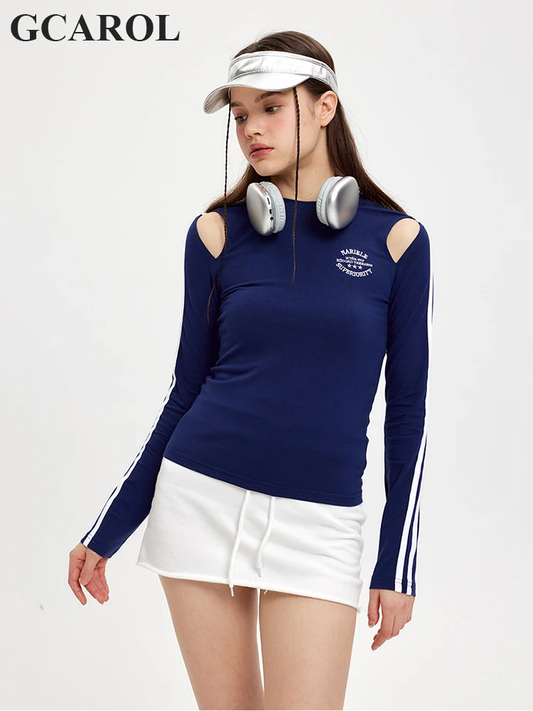 

Женская футболка GCAROL с вышитым буквенным принтом, футболка из 94.4% хлопка в полоску, с вырезами на плечах, классический спортивные майки, тонкий стрейчевый Топ