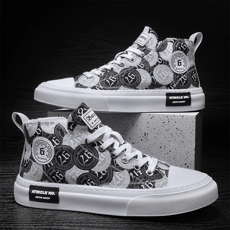 

Men Canvas Shoes Street Trend Print Casual Flats Skateboard Shoes Youth High Tops Sneakers Vulcanized Shoes