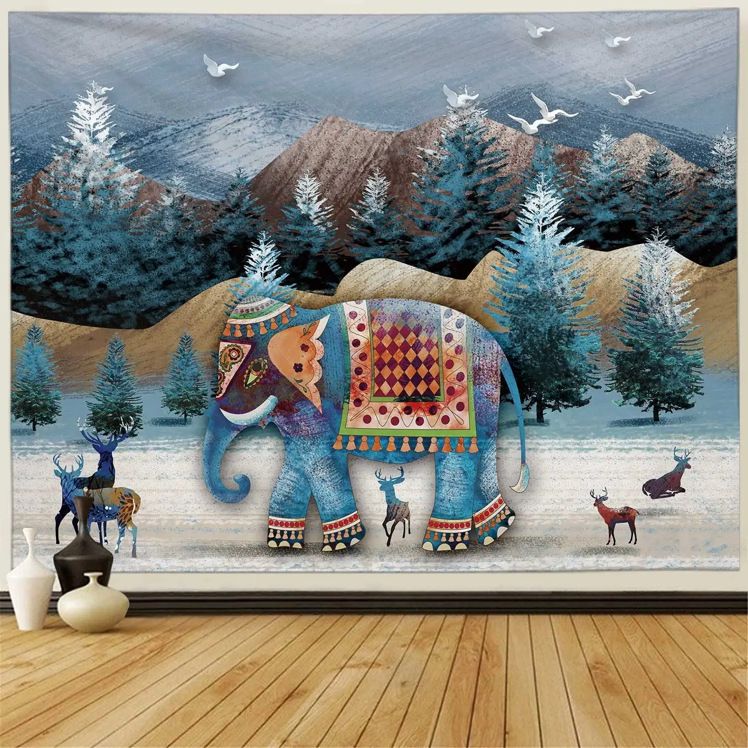

Elephant Forest Tapestry, Retro Trippy Hippie Boho Indie Aesthetic Wall Tapestry Bedroom Living Room Dorm Wall Hanging