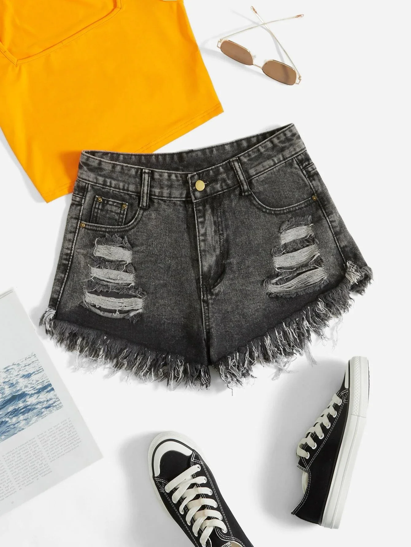 

Destroyed Fray Hem Denim Shorts