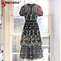 2022 summer new short sleeve mid length mesh slim fit fashion embroidery hollow dress women