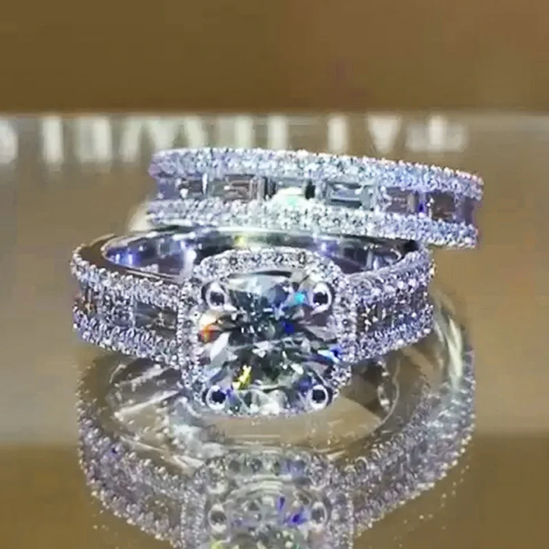 

Trendy Jewelry Sets Rings Women Wedding Eternity Band Rings Double Stackable Design Luxury Silver Color Girls Accessories