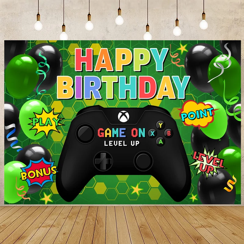 

Happy Birthday Gamepad Theme Party Backdrops Photography Boy Games Room Decor Toys Table Banner Photo Backgrounds Vinyl