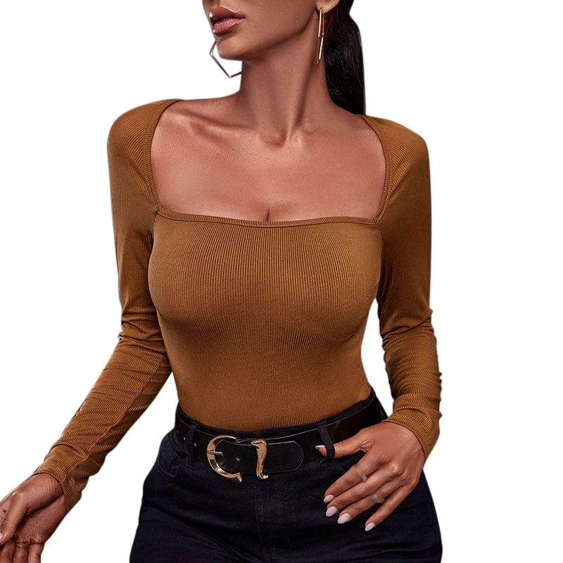

Long Sleeve Solid Color Pullover Slim Fit Square Neck Spring Outfits Casual Sexy Base Shirt Women's Top HJYUG1