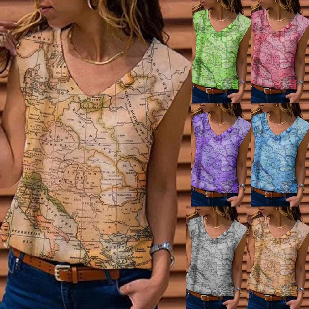 

Summer New European and American Women's Vest Map Printed Shirt Women Clothing