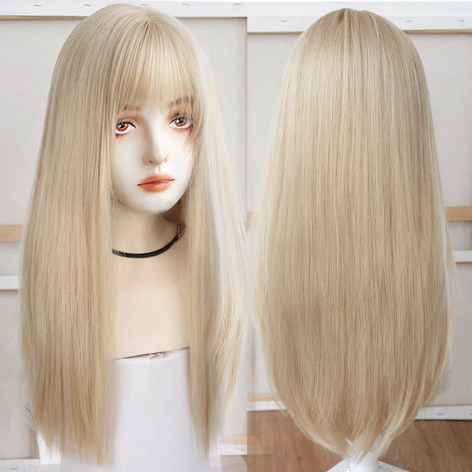 HOUYAN Synthetic long straight hair platinum blonde wig female bangs synthetic cosplay Lolita heat-resistant party wig