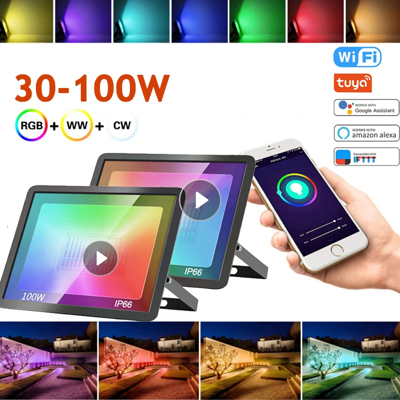

Tuya Smart Floodlight LED Reflector Outdoor AC 220V 30W 50W 100W RGB Dimmable Warm Cold White Lighting For Alexa Google Home