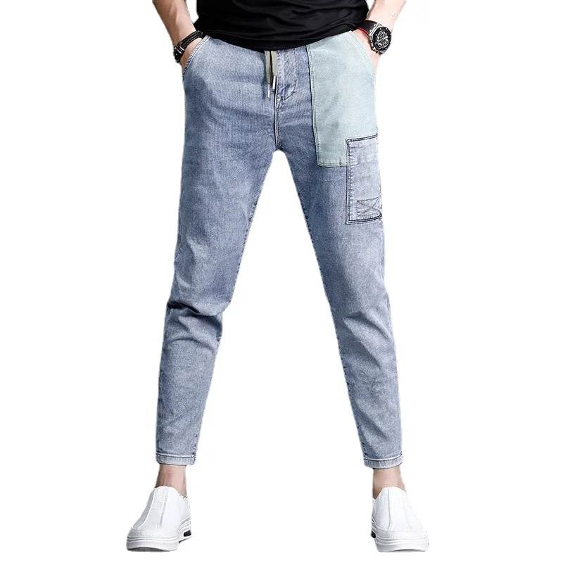 Summer Jeans Men Light Blue Elastic Waist Pants Streetwear Fashion Patchwork Drawstring Denim Trousers