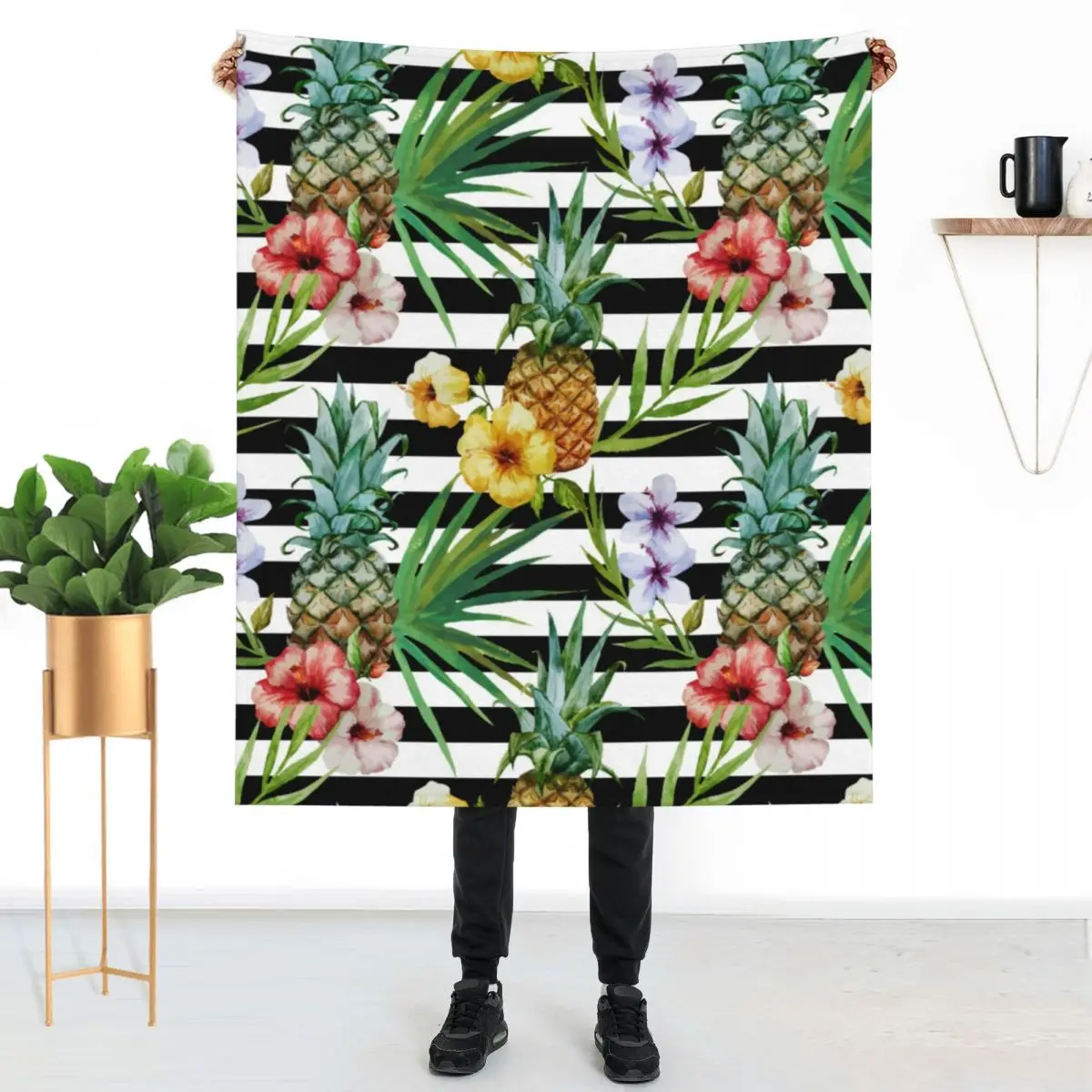 

Tropical Flower Print Blanket Black Stripes Pineapple For Sleeping Very Warm Throw Blanket Thick Cozy Blankets