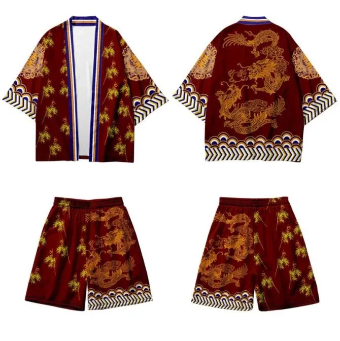 2PCS Men Chinese Robe Sets Print Crane 3/4 Sleeve Rayon Cardigan Shirts Kimono Pajamas Suit Casual Couple Bathrobe Home Clothes