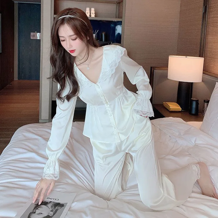 Luxury Lace French Court Style Temperament Long-sleeved Housewear Two-piece Women's Autumn New Pijamas Set Sleepwear Sleep Tops