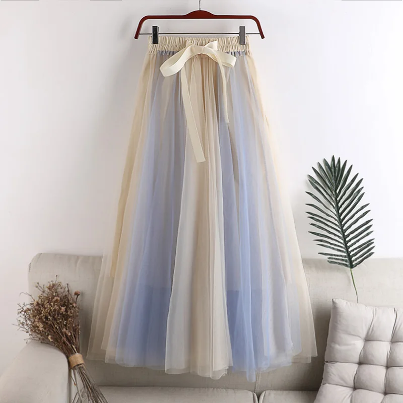 

JMPRS Color Patchwork High-waisted Mesh Skrit Women Fashion A-line Large Swing Long Skirt Female Elegant Bow Faldas Mujer 2022