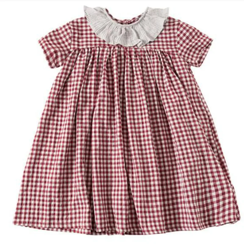 

New Kids Dress for Girl Loose Korean Baby Princess Dress Children Summer Dress Girls Plaid Dress Peter Pan Collar,#5235
