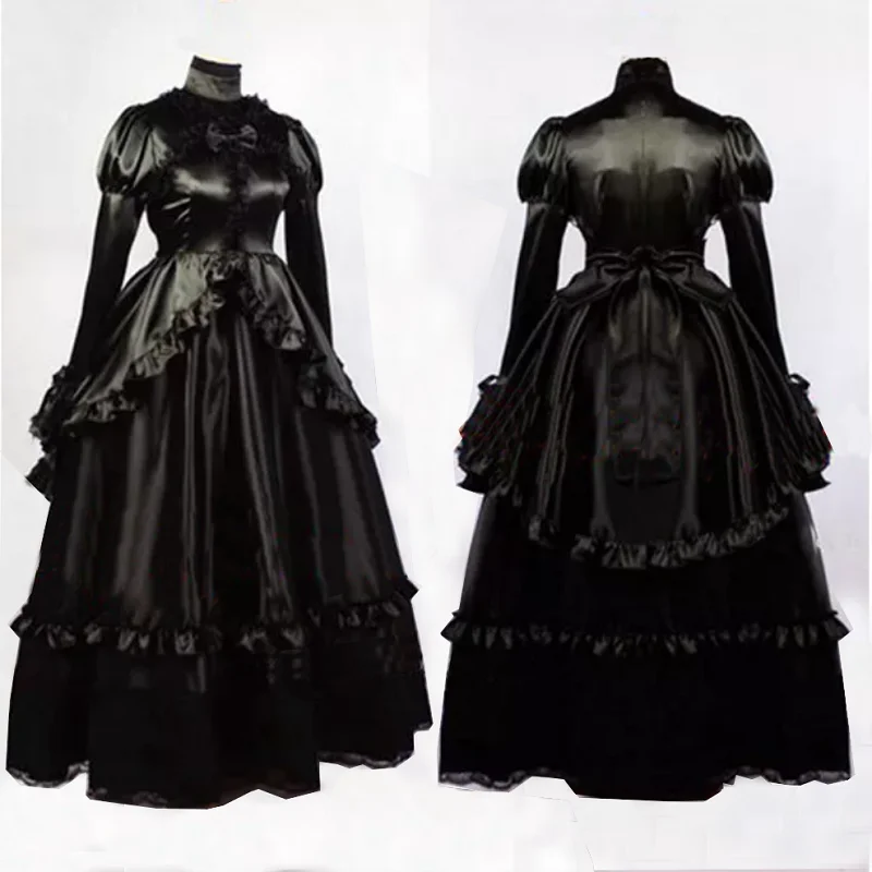

Adult Sexy Cross Dressing Sissy Maid Long Victoria Medieval Gown Black Satin Dress Cosplay Costume Tailor-made